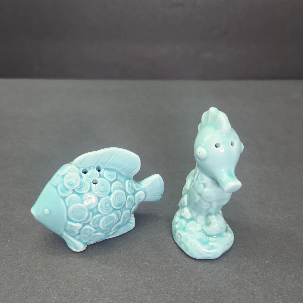 Ceramic Salt and Pepper Shakers Fish and Seahorse Figurines.
